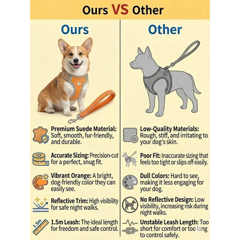 2 Pack Adjustable Pet Harness & Leash Set, Soft Suede Vest, Durable & Reflective, No-Tangle Leash for Easy Walking, Ideal for Daily Walks & Night Outdoor Use