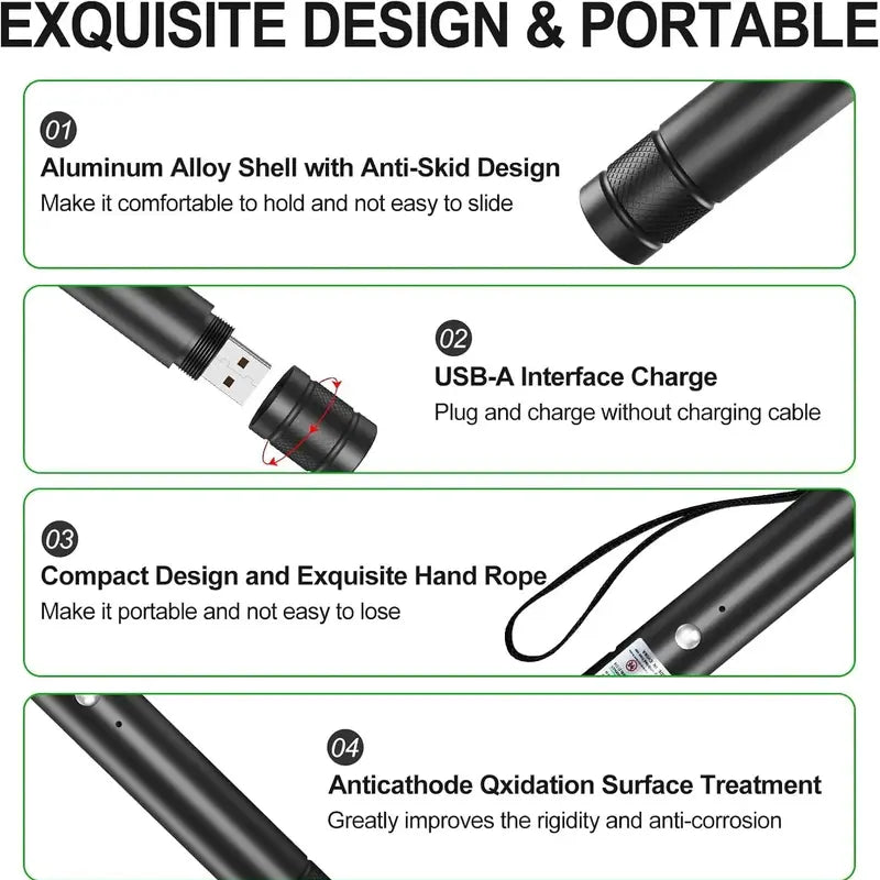 Rechargeable Green Laser Pointer and Line Light Flashlight for Long-Distance Use - Ideal for Presentations, TV/LED/LCD Screens, Office, Outdoors, and Pet Entertainment
