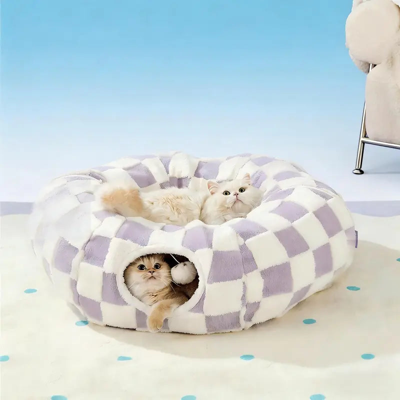 Cat Tunnel Bed – Cozy Donut Hideaway for All Sizes of Cats & Dogs, Soft Polyester Material, Calming Effect – Includes Peekaboo Cave for Kittens, Puppies & Bunnies – Multiple Sizes Available