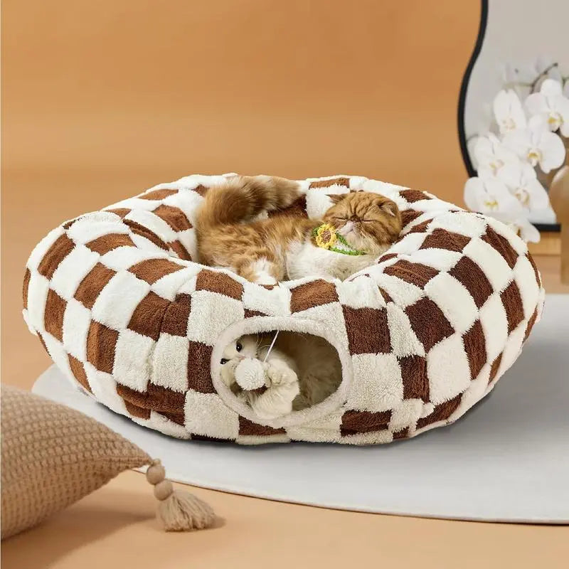Cat Tunnel Bed – Cozy Donut Hideaway for All Sizes of Cats & Dogs, Soft Polyester Material, Calming Effect – Includes Peekaboo Cave for Kittens, Puppies & Bunnies – Multiple Sizes Available
