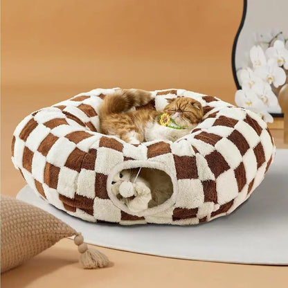 Cat Tunnel Bed – Cozy Donut Hideaway for All Sizes of Cats & Dogs, Soft Polyester Material, Calming Effect – Includes Peekaboo Cave for Kittens, Puppies & Bunnies – Multiple Sizes Available