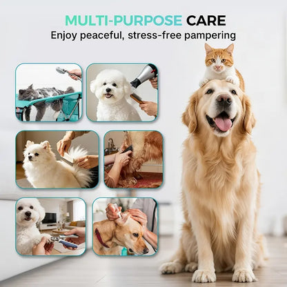 Pet Grooming Hammock with Stainless Steel Stand, Small-Medium Bathing Aid with Towel Strap, Foldable Stable Tool for Grooming Nail Trimming (No Battery, Ideal for Senior Dogs & Cats)