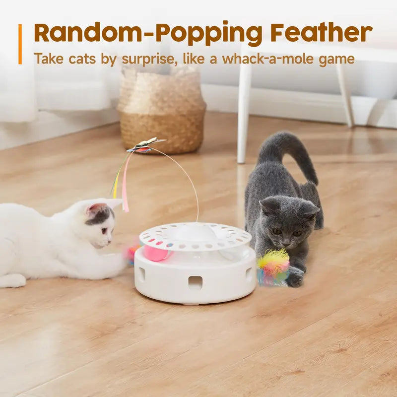 Potaroma 3-In-1 Quiet Motor Automatic Interactive Cat Toy - Polypropylene (PP Resin) Play Aid with Butterfly, Feather, Track Balls, Dual Power (USB, 4 AA Batteries), Easy Reactivation for Indoor Cats' Mental Stimulation