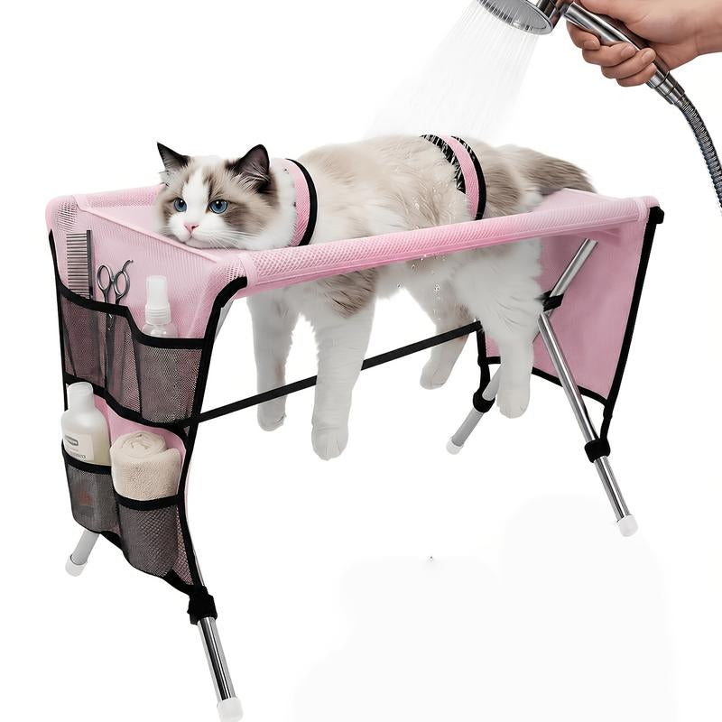 Pet Grooming Hammock with Stainless Steel Stand, Small-Medium Bathing Aid with Towel Strap, Foldable Stable Tool for Grooming Nail Trimming (No Battery, Ideal for Senior Dogs & Cats)