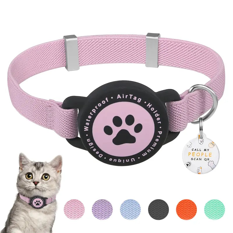 Smart Airtag Pet Collar for Kittens & Small Dogs - Adjustable Collars, 2-In-1 QR ID Tag, Elastic Strap Safety Gear, Reflective, Waterproof, Secure Hold, Customized Quick-Release Buckle, Indoor Use, Holiday Gift