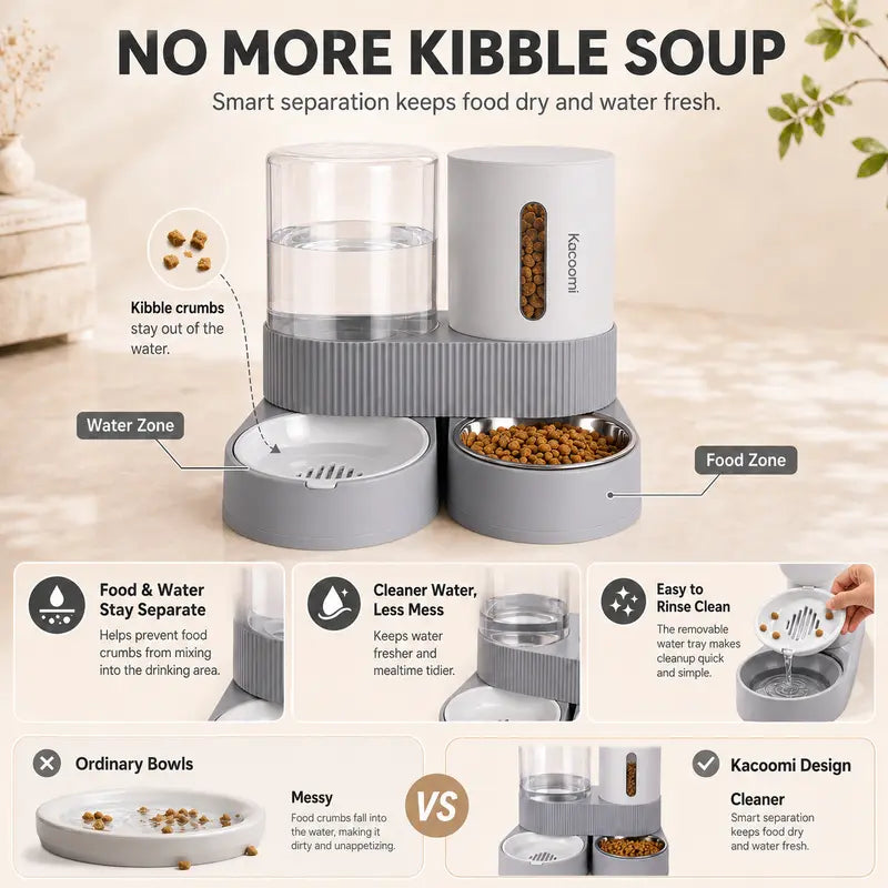 Kacoomi 2-Pack Automatic Gravity Feeder & Water Dispenser Set for Cats - 2.4L Auto-Refill Water, 88Oz Mess-Free Food, Large-Capacity Stainless Steel Bowl, Easy-Clean Materials, All Seasons Use