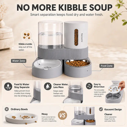 Kacoomi 2-Pack Automatic Gravity Feeder & Water Dispenser Set for Cats - 2.4L Auto-Refill Water, 88Oz Mess-Free Food, Large-Capacity Stainless Steel Bowl, Easy-Clean Materials, All Seasons Use