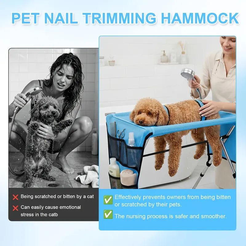 Pet Grooming Hammock with Stainless Steel Stand, Small-Medium Bathing Aid with Towel Strap, Foldable Stable Tool for Grooming Nail Trimming (No Battery, Ideal for Senior Dogs & Cats)
