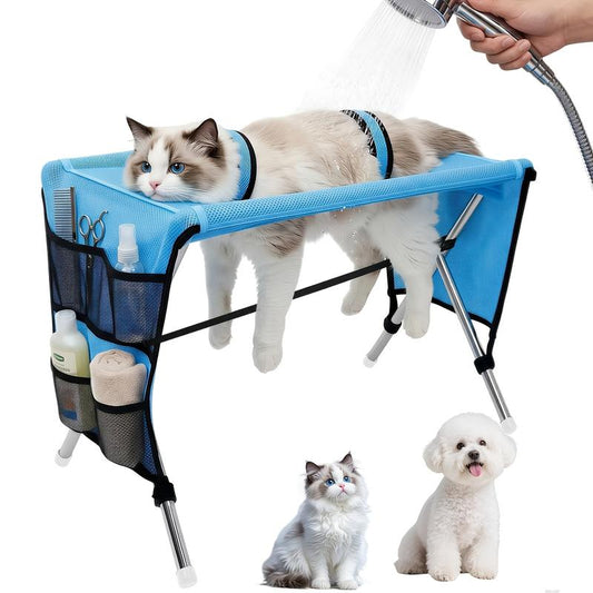 Pet Grooming Hammock with Stainless Steel Stand, Small-Medium Bathing Aid with Towel Strap, Foldable Stable Tool for Grooming Nail Trimming (No Battery, Ideal for Senior Dogs & Cats)