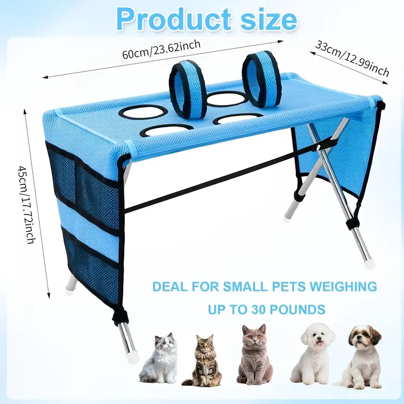 Pet Grooming Hammock with Stainless Steel Stand, Small-Medium Bathing Aid with Towel Strap, Foldable Stable Tool for Grooming Nail Trimming (No Battery, Ideal for Senior Dogs & Cats)