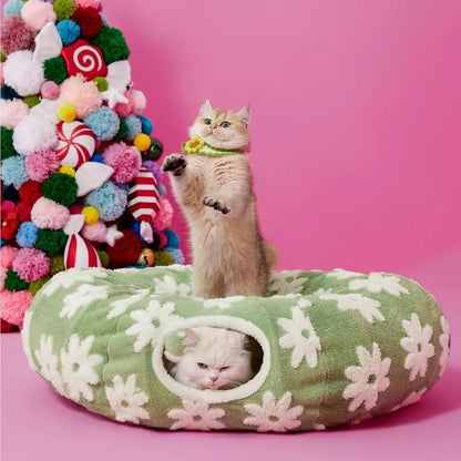 Cat Tunnel Bed – Cozy Donut Hideaway for All Sizes of Cats & Dogs, Soft Polyester Material, Calming Effect – Includes Peekaboo Cave for Kittens, Puppies & Bunnies – Multiple Sizes Available