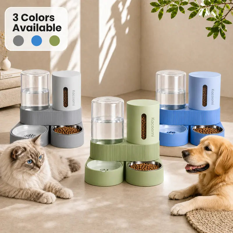 Kacoomi 2-Pack Automatic Gravity Feeder & Water Dispenser Set for Cats - 2.4L Auto-Refill Water, 88Oz Mess-Free Food, Large-Capacity Stainless Steel Bowl, Easy-Clean Materials, All Seasons Use