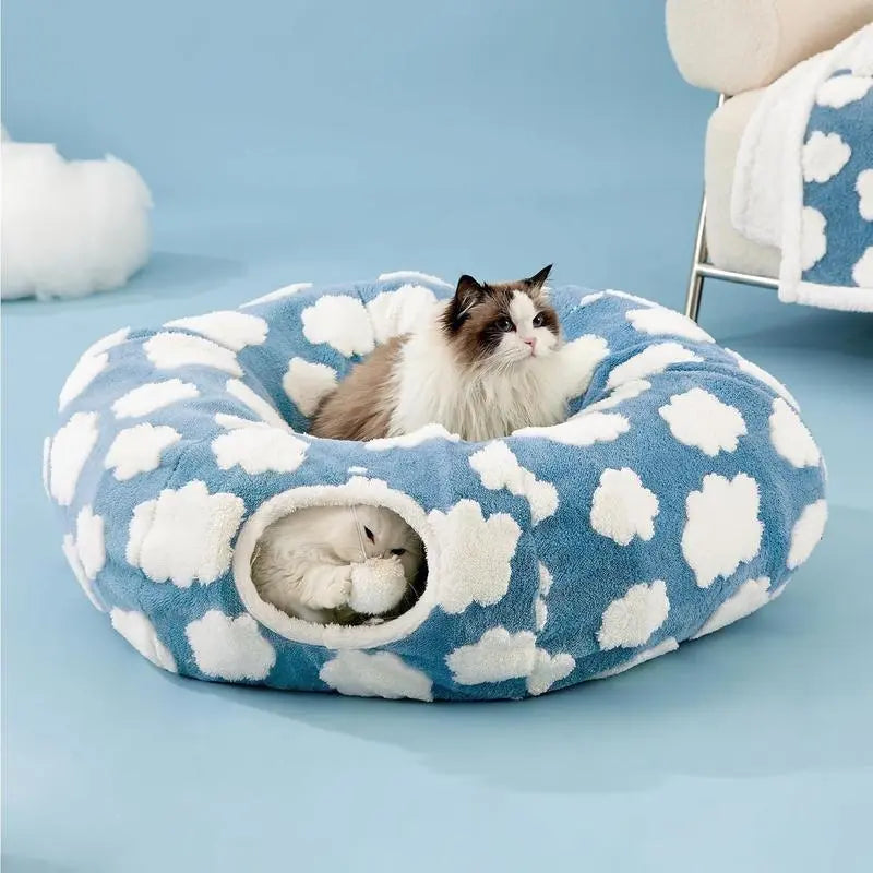 Cat Tunnel Bed – Cozy Donut Hideaway for All Sizes of Cats & Dogs, Soft Polyester Material, Calming Effect – Includes Peekaboo Cave for Kittens, Puppies & Bunnies – Multiple Sizes Available