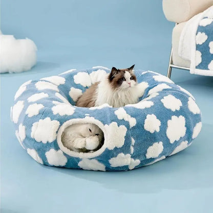Cat Tunnel Bed – Cozy Donut Hideaway for All Sizes of Cats & Dogs, Soft Polyester Material, Calming Effect – Includes Peekaboo Cave for Kittens, Puppies & Bunnies – Multiple Sizes Available