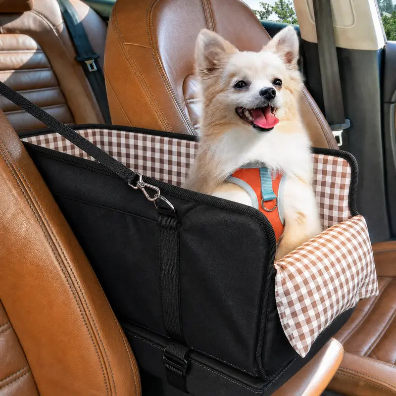 Premium Center Mount Car Pet Booster Seat for Small Cats & Dogs (Under 11 Lbs) - Anti-Collapsing Carrier Bag, Elevated Design, Plush Mat, Secure Tether, Plaid Print, Rotating Hooks, Soft Ride, Car Accessories