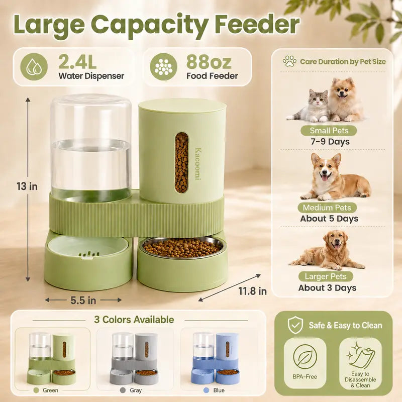 Kacoomi 2-Pack Automatic Gravity Feeder & Water Dispenser Set for Cats - 2.4L Auto-Refill Water, 88Oz Mess-Free Food, Large-Capacity Stainless Steel Bowl, Easy-Clean Materials, All Seasons Use
