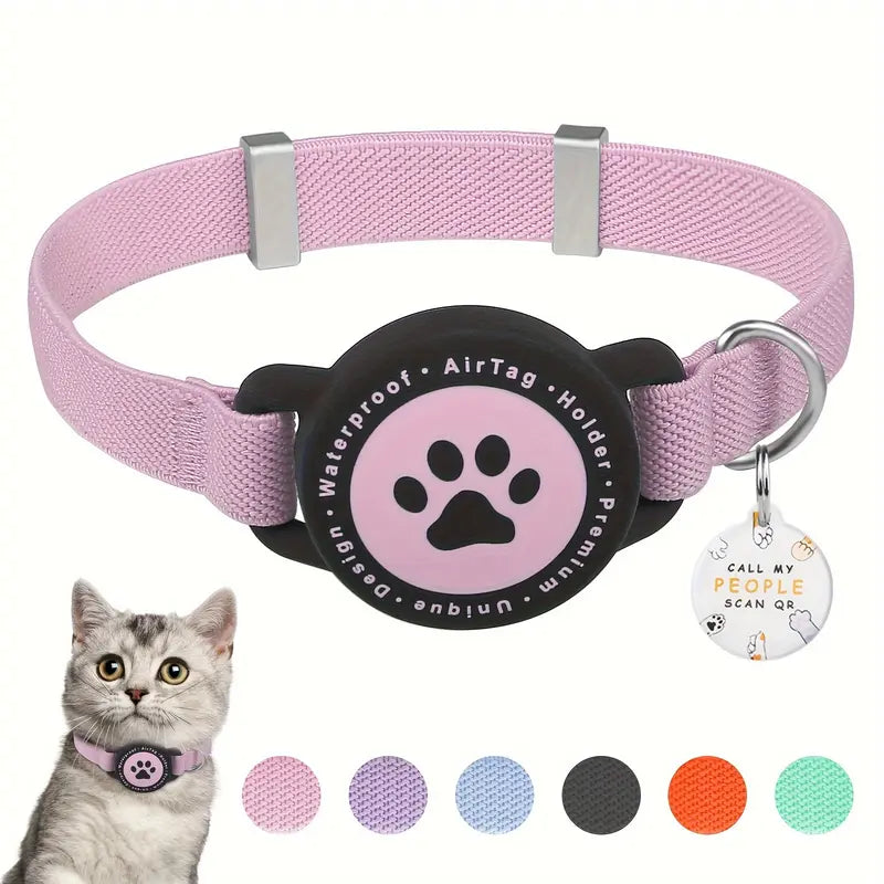 Smart Airtag Pet Collar for Kittens & Small Dogs - Adjustable Collars, 2-In-1 QR ID Tag, Elastic Strap Safety Gear, Reflective, Waterproof, Secure Hold, Customized Quick-Release Buckle, Indoor Use, Holiday Gift
