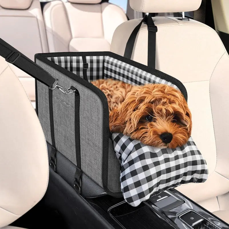 Premium Center Mount Car Pet Booster Seat for Small Cats & Dogs (Under 11 Lbs) - Anti-Collapsing Carrier Bag, Elevated Design, Plush Mat, Secure Tether, Plaid Print, Rotating Hooks, Soft Ride, Car Accessories