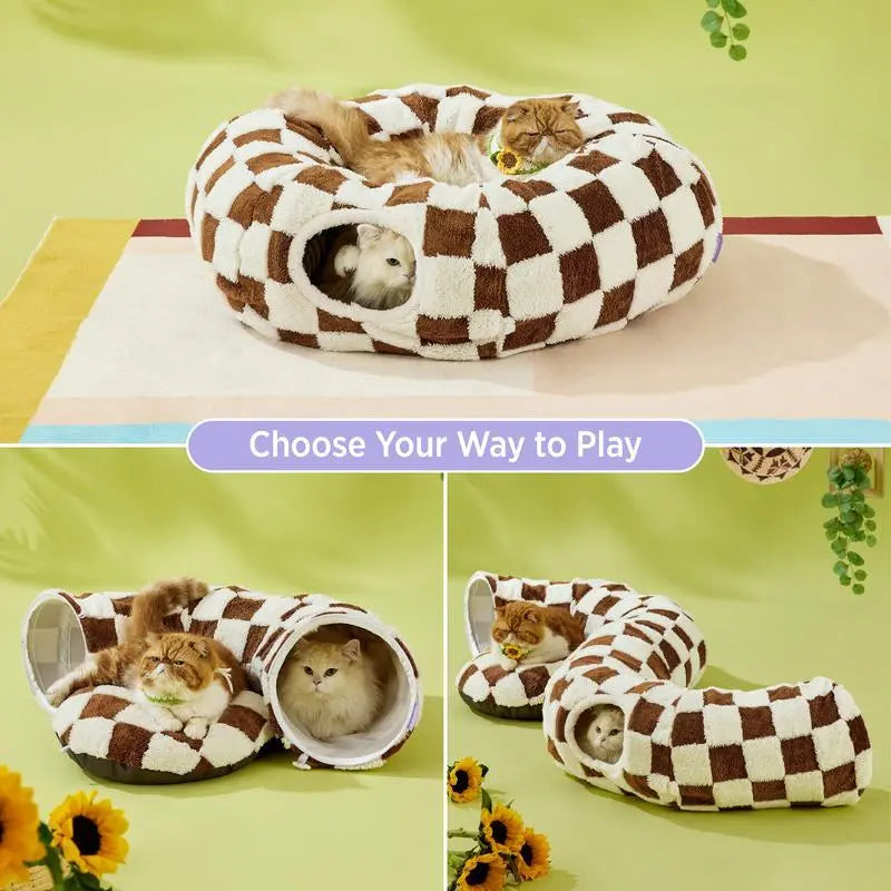 Cat Tunnel Bed – Cozy Donut Hideaway for All Sizes of Cats & Dogs, Soft Polyester Material, Calming Effect – Includes Peekaboo Cave for Kittens, Puppies & Bunnies – Multiple Sizes Available