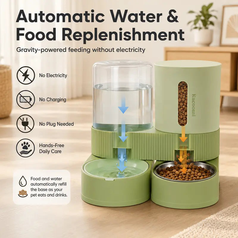 Kacoomi 2-Pack Automatic Gravity Feeder & Water Dispenser Set for Cats - 2.4L Auto-Refill Water, 88Oz Mess-Free Food, Large-Capacity Stainless Steel Bowl, Easy-Clean Materials, All Seasons Use