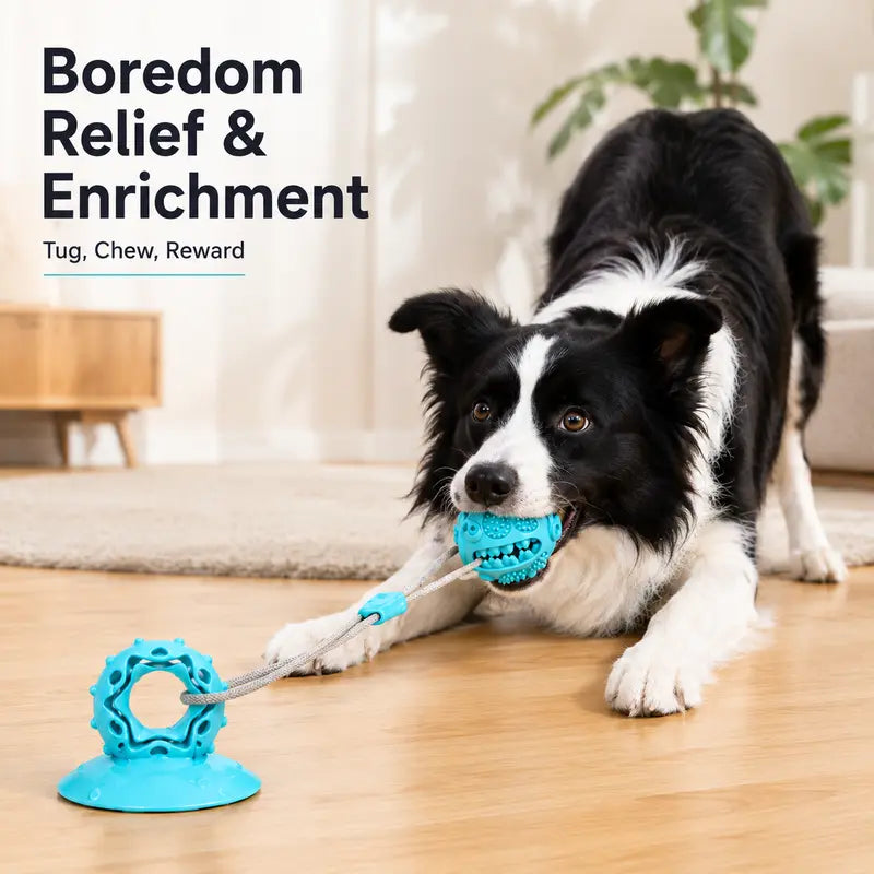 Durable Interactive Dog Chew Toy with Suction Cup, Treat Dispensing Tug and Puzzle Feeder for Puppies and Small to Medium Dogs, Ideal for Indoor Training and Self-Play Enrichment