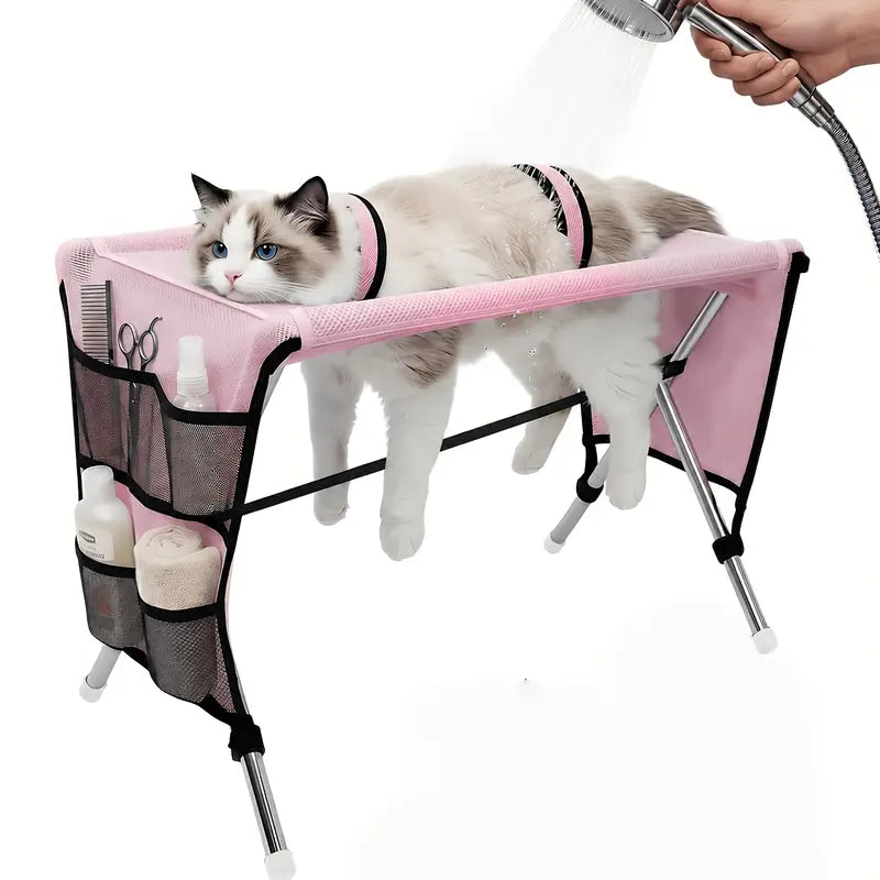 Pet Grooming Hammock with Stainless Steel Stand, Small-Medium Bathing Aid with Towel Strap, Foldable Stable Tool for Grooming Nail Trimming (No Battery, Ideal for Senior Dogs & Cats)