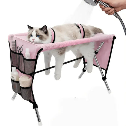 Pet Grooming Hammock with Stainless Steel Stand, Small-Medium Bathing Aid with Towel Strap, Foldable Stable Tool for Grooming Nail Trimming (No Battery, Ideal for Senior Dogs & Cats)