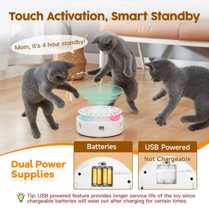 Potaroma 3-In-1 Quiet Motor Automatic Interactive Cat Toy - Polypropylene (PP Resin) Play Aid with Butterfly, Feather, Track Balls, Dual Power (USB, 4 AA Batteries), Easy Reactivation for Indoor Cats' Mental Stimulation