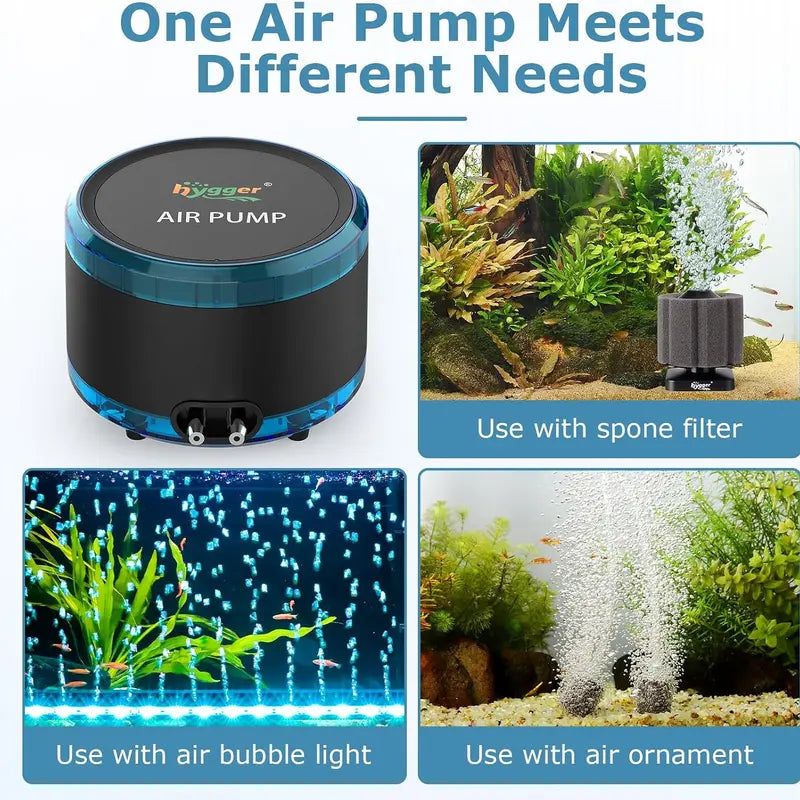 Hygger Aquarium Air Pump for Aquarium Fish - Dual Outlet, Quiet Powerful 4W/8W Plastic Body Fish Tank Aerator, Adjustable Oxygen Pump with Air Stone for Large Tanks up to 200 Gal