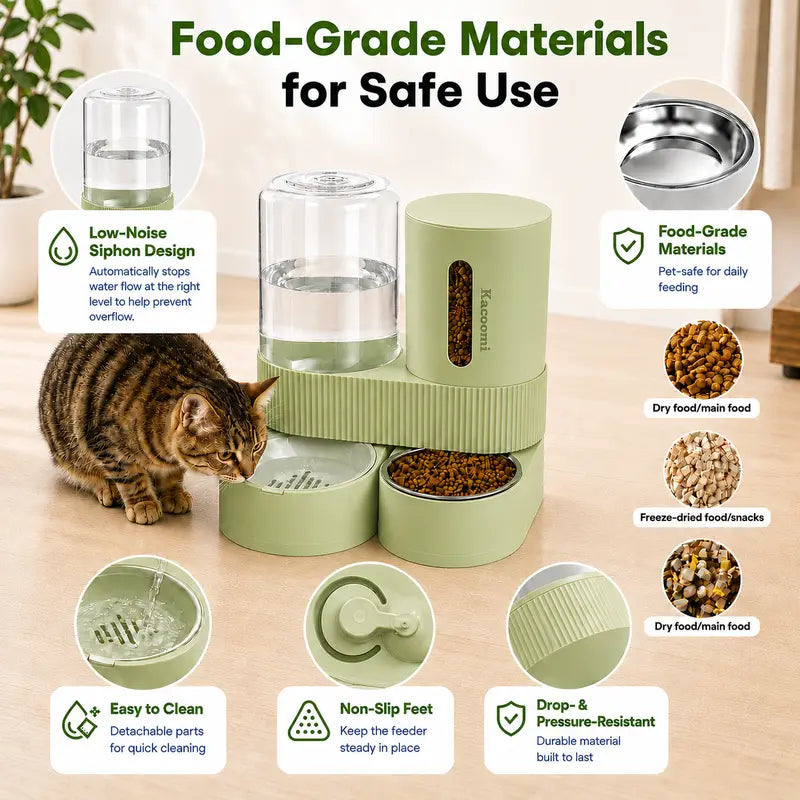 Kacoomi 2-Pack Automatic Gravity Feeder & Water Dispenser Set for Cats - 2.4L Auto-Refill Water, 88Oz Mess-Free Food, Large-Capacity Stainless Steel Bowl, Easy-Clean Materials, All Seasons Use