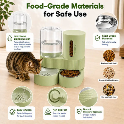 Kacoomi 2-Pack Automatic Gravity Feeder & Water Dispenser Set for Cats - 2.4L Auto-Refill Water, 88Oz Mess-Free Food, Large-Capacity Stainless Steel Bowl, Easy-Clean Materials, All Seasons Use