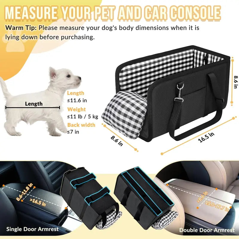 Premium Center Mount Car Pet Booster Seat for Small Cats & Dogs (Under 11 Lbs) - Anti-Collapsing Carrier Bag, Elevated Design, Plush Mat, Secure Tether, Plaid Print, Rotating Hooks, Soft Ride, Car Accessories