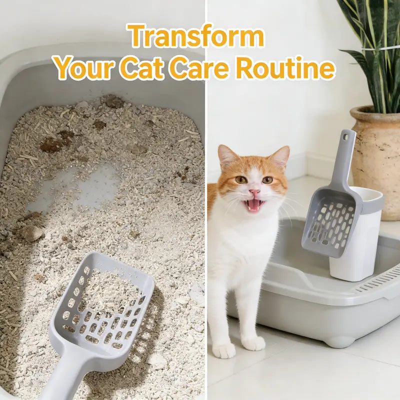 Portable Cat Litter Scoop for Litterbox - Durable PP Material Pet Waste Cleaning Tool with Preloaded Poop Bag Roll, Curved Handle, Porous Surface, Odor-Seal Trash Bag Sohochic