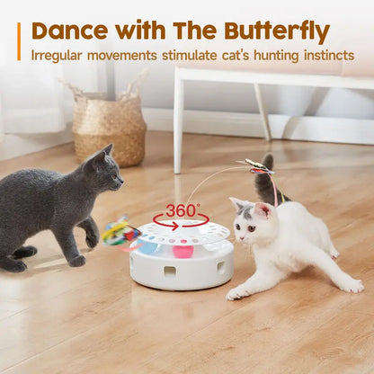 Potaroma 3-In-1 Quiet Motor Automatic Interactive Cat Toy - Polypropylene (PP Resin) Play Aid with Butterfly, Feather, Track Balls, Dual Power (USB, 4 AA Batteries), Easy Reactivation for Indoor Cats' Mental Stimulation