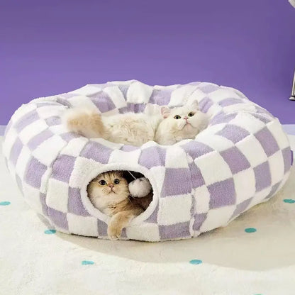Cat Tunnel Bed – Cozy Donut Hideaway for All Sizes of Cats & Dogs, Soft Polyester Material, Calming Effect – Includes Peekaboo Cave for Kittens, Puppies & Bunnies – Multiple Sizes Available