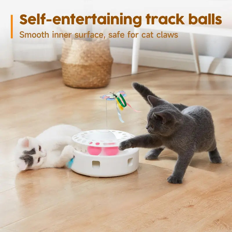 Potaroma 3-In-1 Quiet Motor Automatic Interactive Cat Toy - Polypropylene (PP Resin) Play Aid with Butterfly, Feather, Track Balls, Dual Power (USB, 4 AA Batteries), Easy Reactivation for Indoor Cats' Mental Stimulation