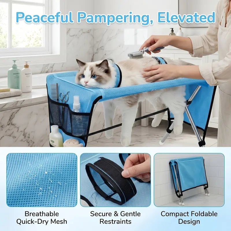Pet Grooming Hammock with Stainless Steel Stand, Small-Medium Bathing Aid with Towel Strap, Foldable Stable Tool for Grooming Nail Trimming (No Battery, Ideal for Senior Dogs & Cats)