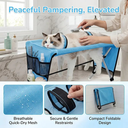 Pet Grooming Hammock with Stainless Steel Stand, Small-Medium Bathing Aid with Towel Strap, Foldable Stable Tool for Grooming Nail Trimming (No Battery, Ideal for Senior Dogs & Cats)