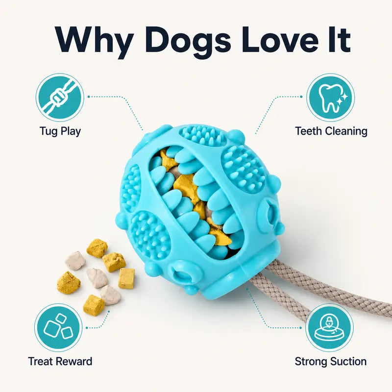 Durable Interactive Dog Chew Toy with Suction Cup, Treat Dispensing Tug and Puzzle Feeder for Puppies and Small to Medium Dogs, Ideal for Indoor Training and Self-Play Enrichment