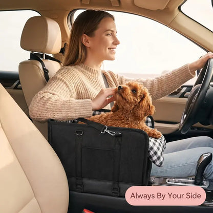 Premium Center Mount Car Pet Booster Seat for Small Cats & Dogs (Under 11 Lbs) - Anti-Collapsing Carrier Bag, Elevated Design, Plush Mat, Secure Tether, Plaid Print, Rotating Hooks, Soft Ride, Car Accessories