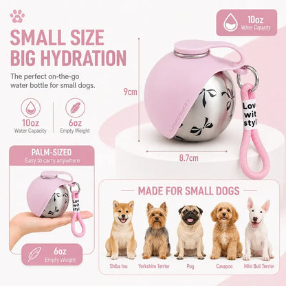 Eorthex Stainless Steel 3-In-1 Portable Pet Water Bottle - 10 Oz Foldable Bowl Mode, Leak-Proof Water Ball for Small Dog Walking, Pet Feeding Supplies