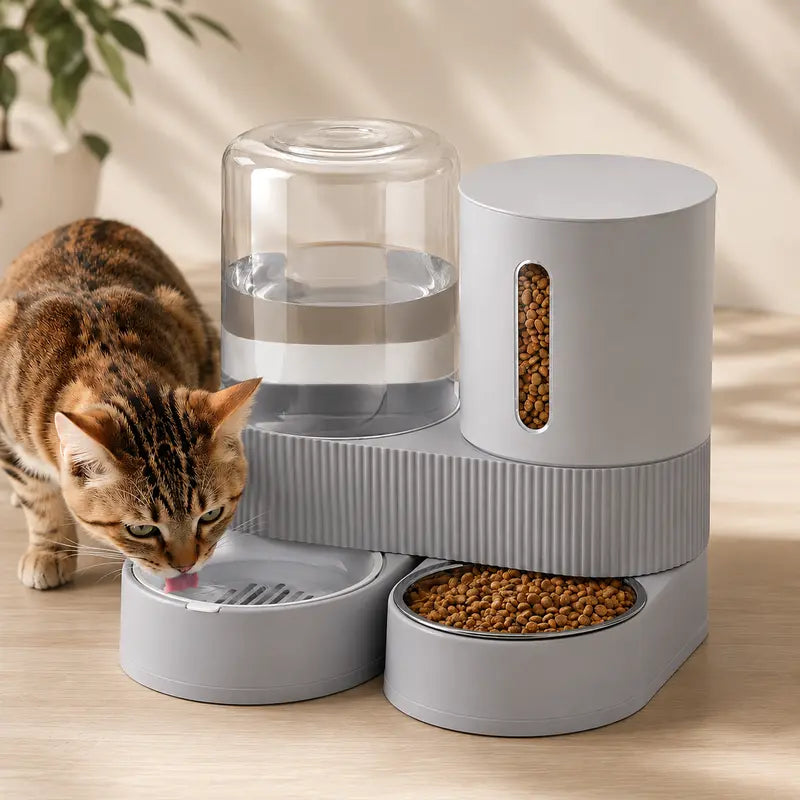Kacoomi 2-Pack Automatic Gravity Feeder & Water Dispenser Set for Cats - 2.4L Auto-Refill Water, 88Oz Mess-Free Food, Large-Capacity Stainless Steel Bowl, Easy-Clean Materials, All Seasons Use