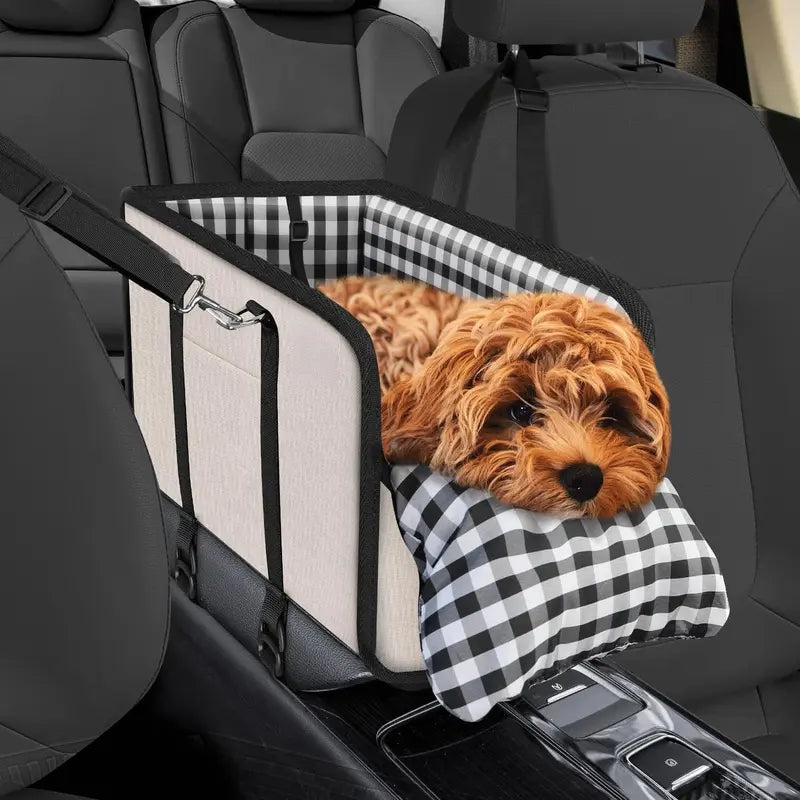 Premium Center Mount Car Pet Booster Seat for Small Cats & Dogs (Under 11 Lbs) - Anti-Collapsing Carrier Bag, Elevated Design, Plush Mat, Secure Tether, Plaid Print, Rotating Hooks, Soft Ride, Car Accessories