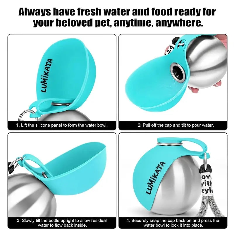 Lumikata 2-in-1 Portable Dog Water Bottle - 10 oz Stainless Steel with Silicone Foldable Bowl, Leak-Proof Design for Small Dogs, Ideal for Walking and Feeding Supplies