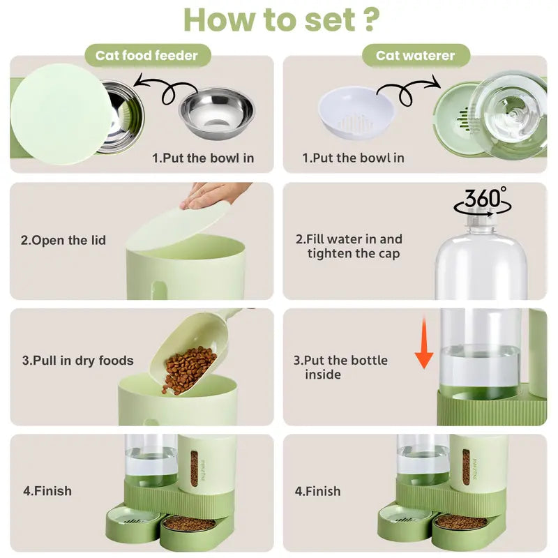 Kacoomi 2-Pack Automatic Gravity Feeder & Water Dispenser Set for Cats - 2.4L Auto-Refill Water, 88Oz Mess-Free Food, Large-Capacity Stainless Steel Bowl, Easy-Clean Materials, All Seasons Use