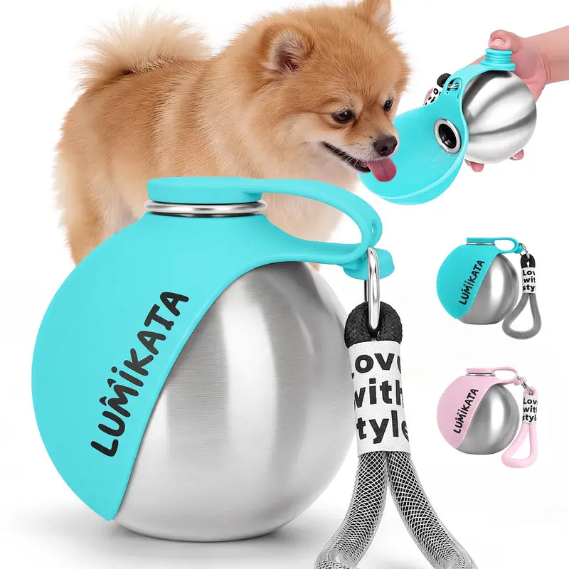 Lumikata 2-in-1 Portable Dog Water Bottle - 10 oz Stainless Steel with Silicone Foldable Bowl, Leak-Proof Design for Small Dogs, Ideal for Walking and Feeding Supplies
