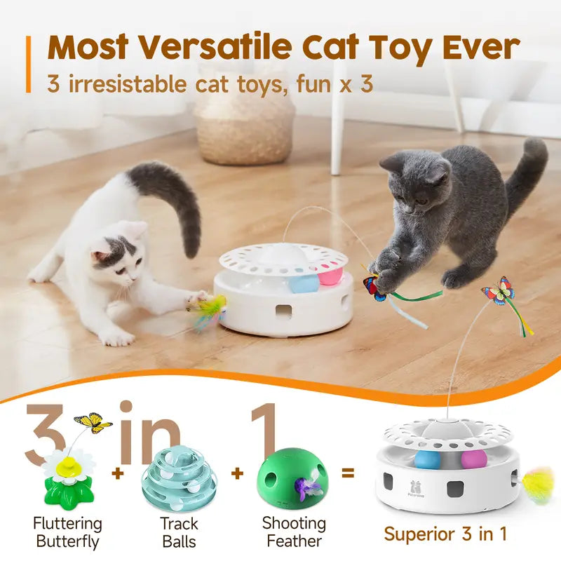 Potaroma 3-In-1 Quiet Motor Automatic Interactive Cat Toy - Polypropylene (PP Resin) Play Aid with Butterfly, Feather, Track Balls, Dual Power (USB, 4 AA Batteries), Easy Reactivation for Indoor Cats' Mental Stimulation