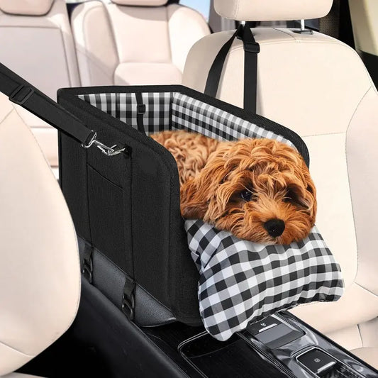 Premium Center Mount Car Pet Booster Seat for Small Cats & Dogs (Under 11 Lbs) - Anti-Collapsing Carrier Bag, Elevated Design, Plush Mat, Secure Tether, Plaid Print, Rotating Hooks, Soft Ride, Car Accessories