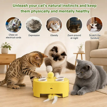 2-in-1 Interactive Cat Hunting Toy with Pop-Up Mice and Rotating Feather - USB-C Rechargeable for Indoor Engagement