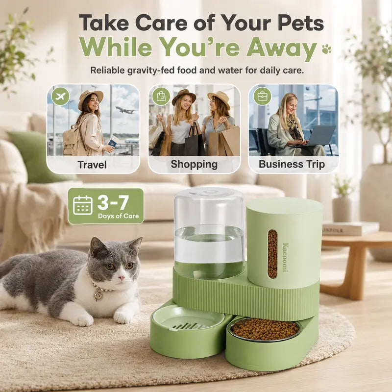 Kacoomi 2-Pack Automatic Gravity Feeder & Water Dispenser Set for Cats - 2.4L Auto-Refill Water, 88Oz Mess-Free Food, Large-Capacity Stainless Steel Bowl, Easy-Clean Materials, All Seasons Use